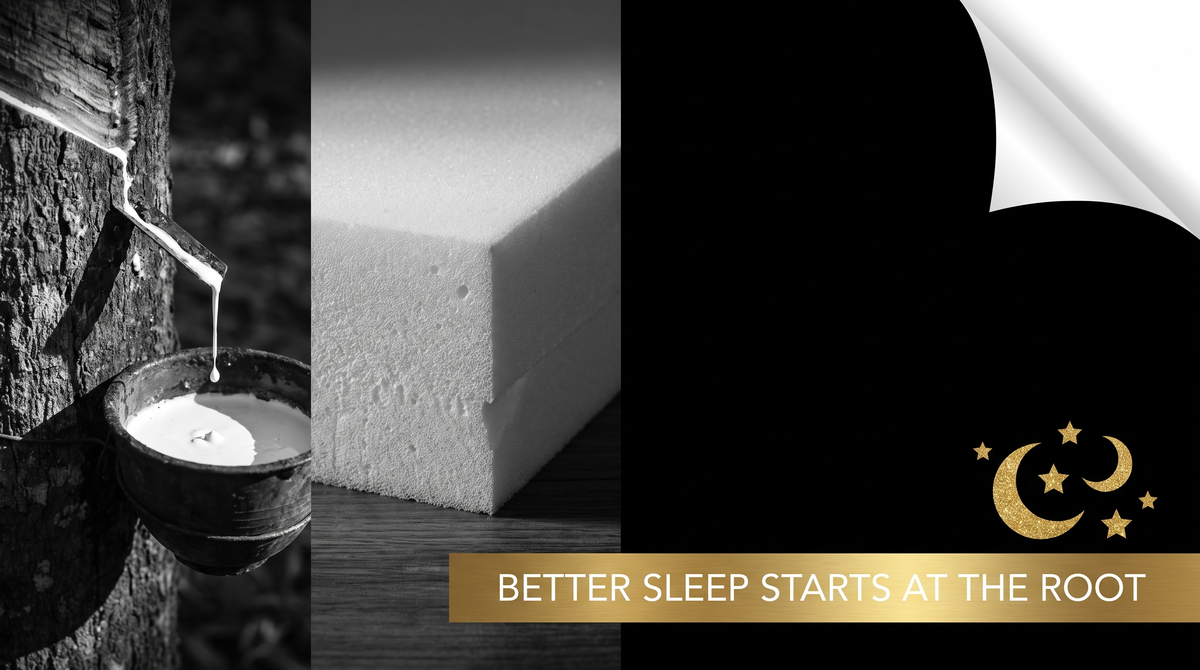 Natural latex rubber sap next to synthetic foam cross-section comparing sustainable vs memory foam mattress materials