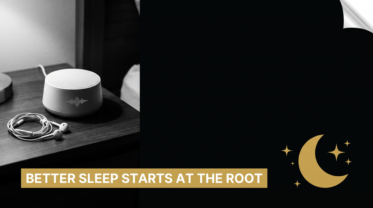 White noise machine and earbuds on nightstand for blocking roommate noise during sleep