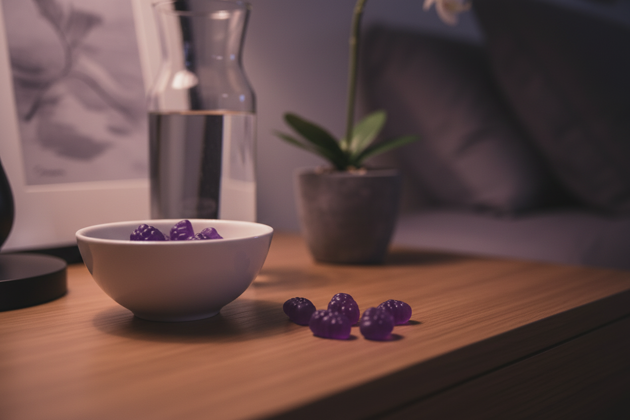 Melatonin gummies on a dresser -quesiton: is melatonin bad for sleep? Organic Mattress support your sleep Shop Organic snooze