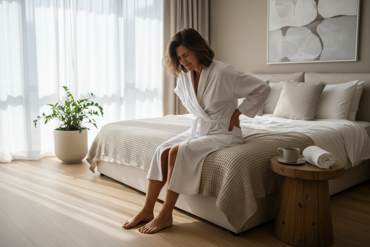 Woman sitting on bed with back pain - Why does your back hurt at night? Find the right mattress for you at The Organic Snooze