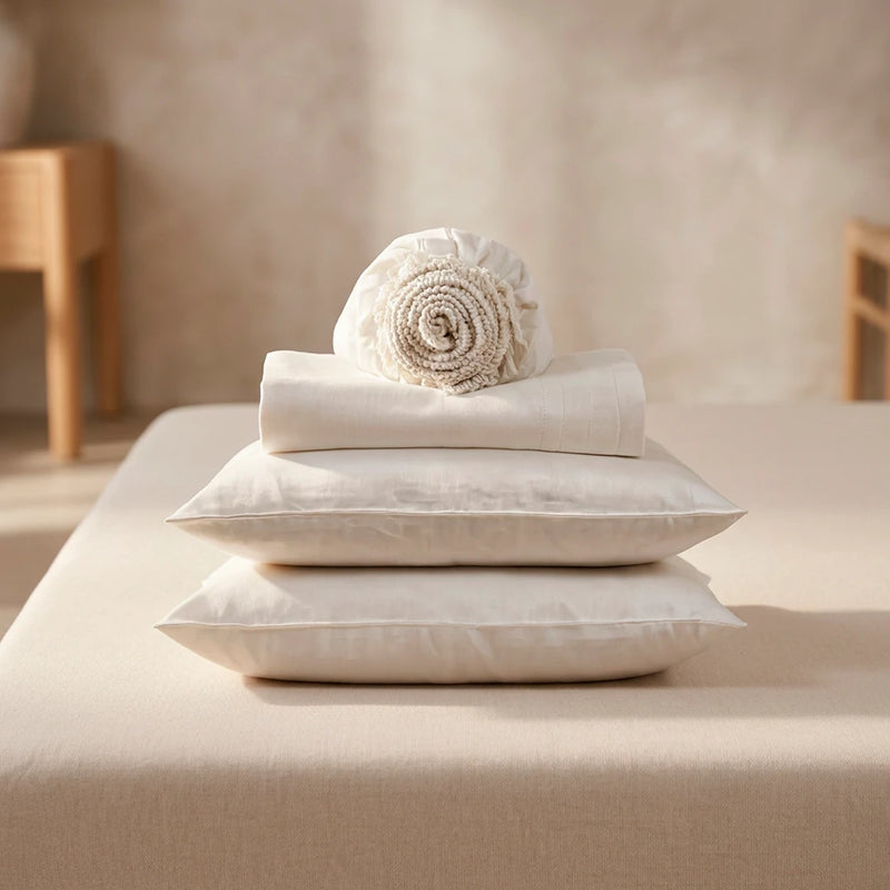 Sheet Set Breezeline Comfort Blended Linen Cotton - white stacked pillows product shot