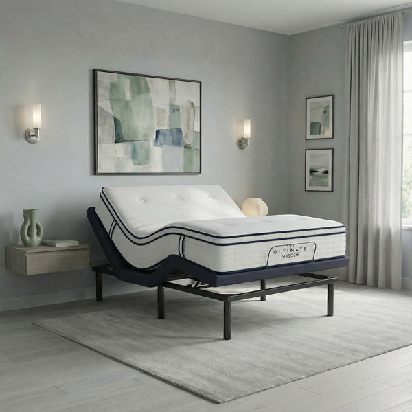 SnoozeLift adjustable base queen with organic mattress — head and foot raised, zero-gravity for open airway and circulation