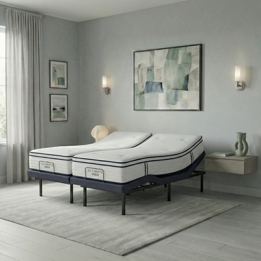 Split king organic latex mattress on SnoozeLift — dual adjustable bases for independent couple positioning