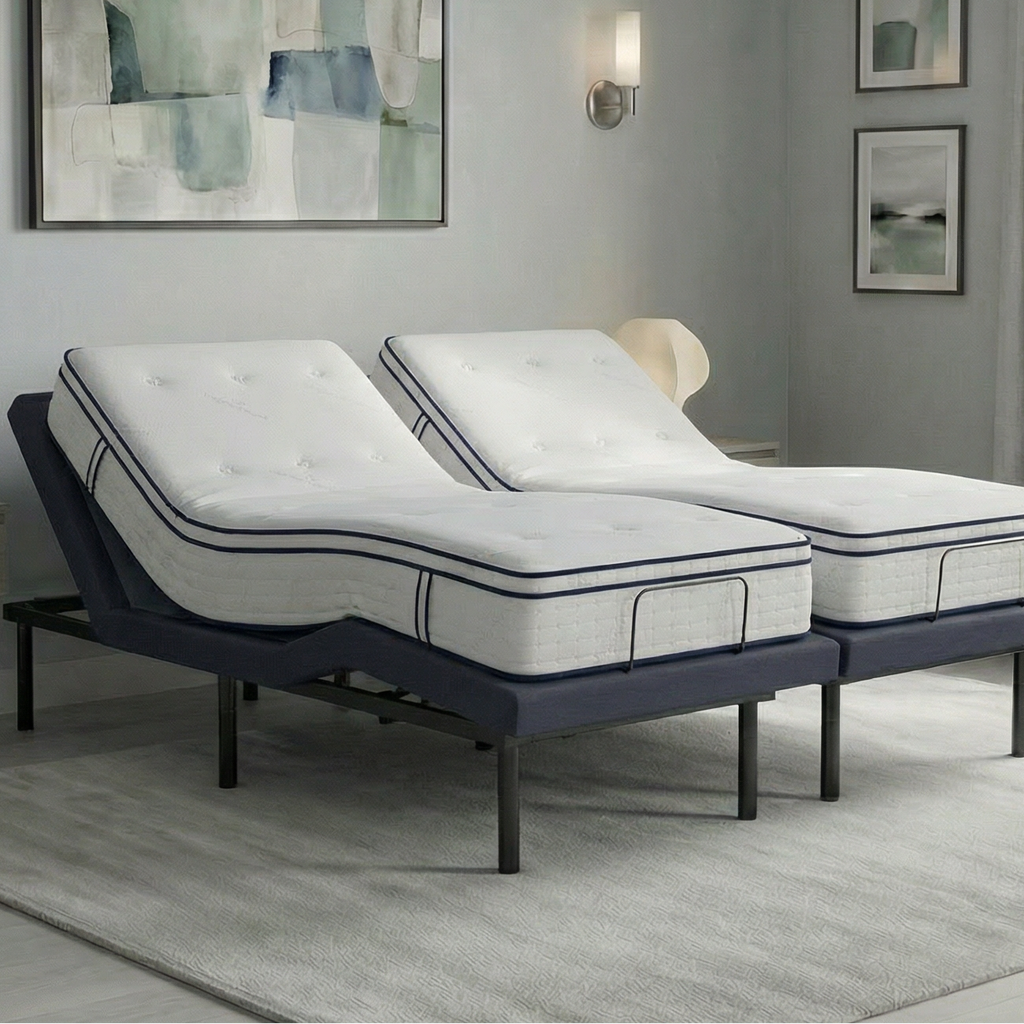 SnoozeLift split king adjustable base — dual independent adjustment for couples, pairs with The Ultimate Snooze mattress
