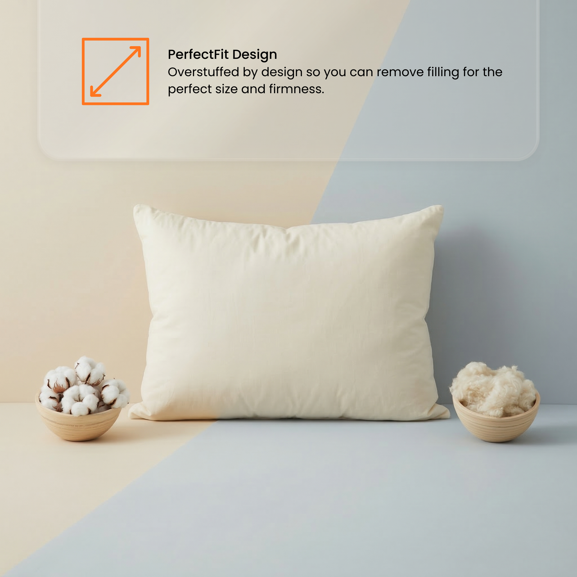 Beige pillow on a light gray surface with text about 'PerfectFit Design'. crafted with organic cotton and wool for a toxin free, breathable sleep pillow by The Ultimate Snooze