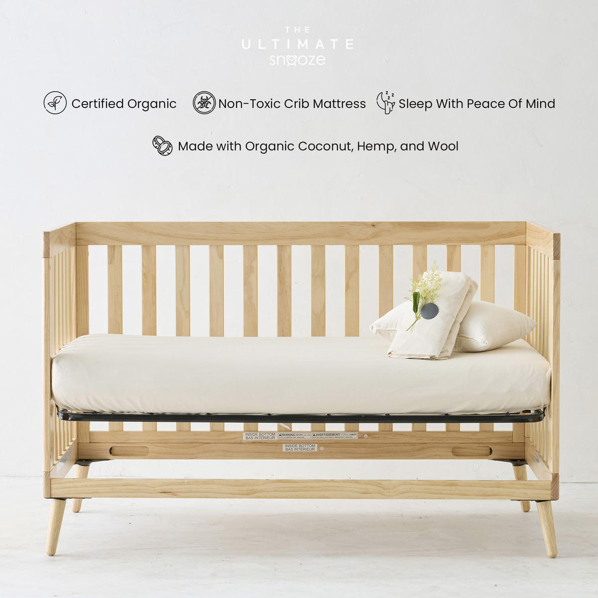 Organic crib mattress — The Snooze Nest, GOTS certified cotton and wool, no polyurethane foam, no VOC off-gassing