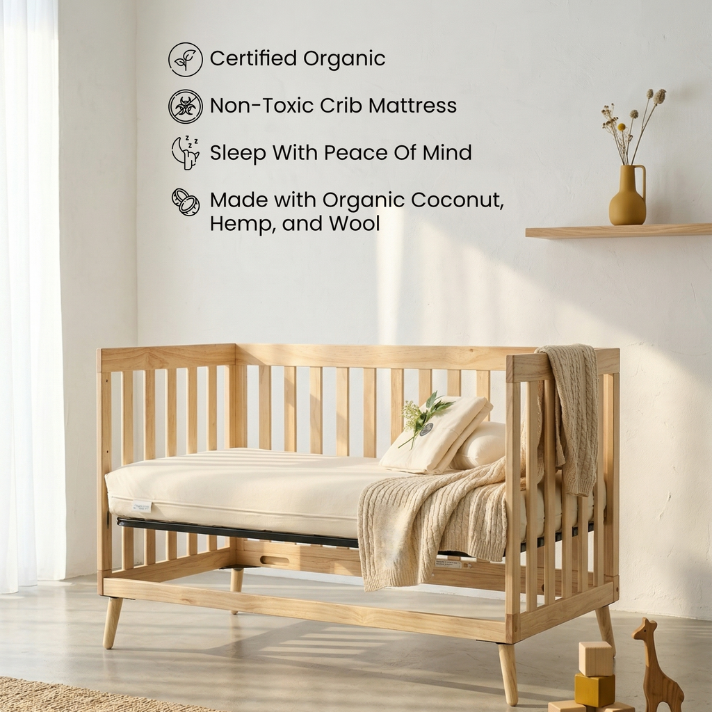 Chemical-free crib mattress — The Snooze Nest, GOTS certified cotton cover, naturally flame resistant wool layer