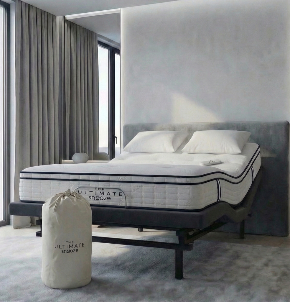 Organic latex mattress bundle king — The Ultimate Snooze Pillowtop, SnoozeLift 5.0, OrganicTech pillows, bedding