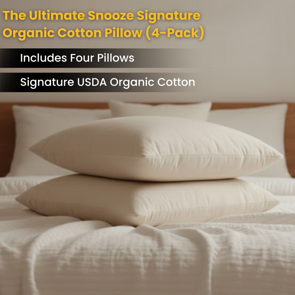 Organic pillow two-pack promo — The Ultimate Snooze Signature, GOTS certified organic cotton, machine washable