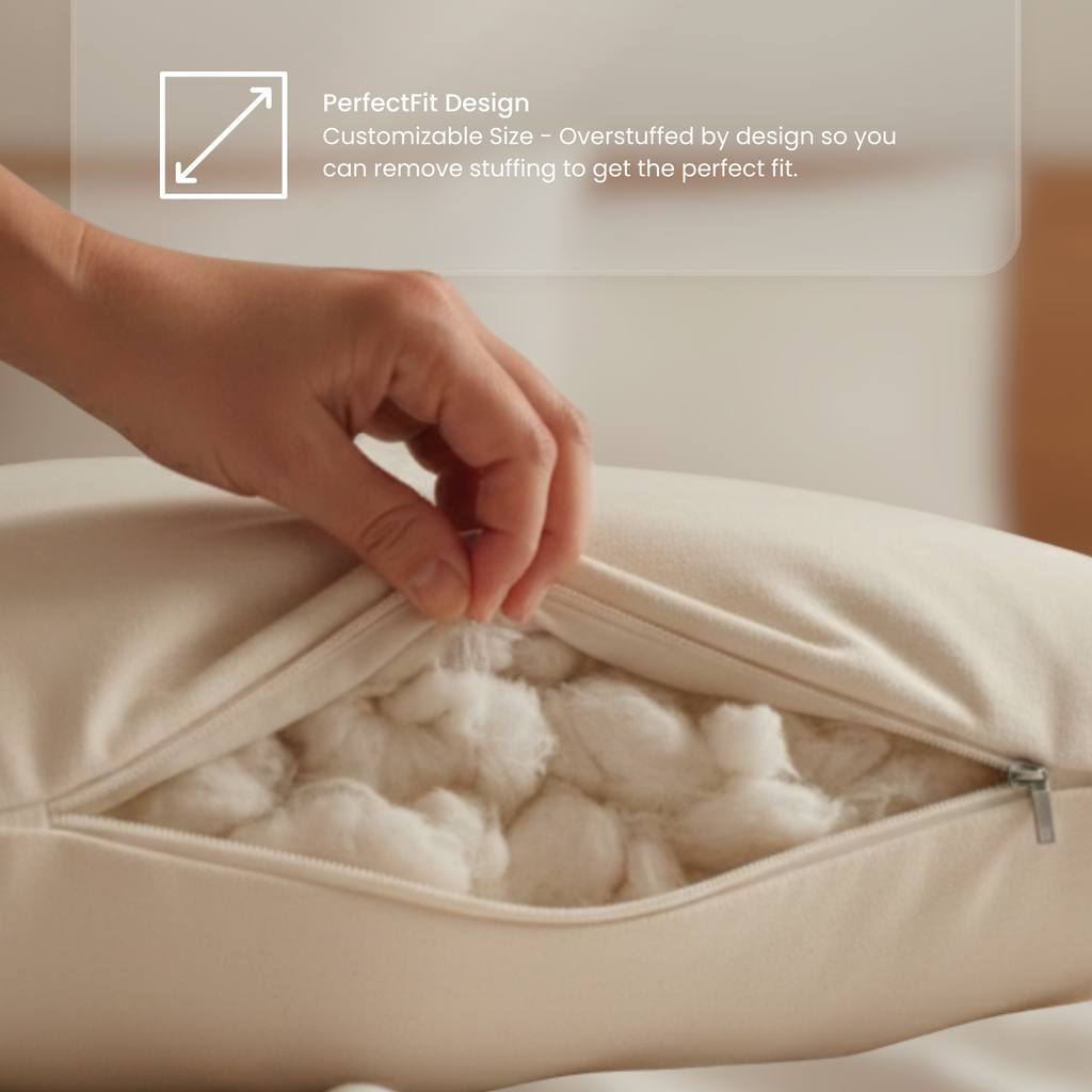 OrganicTech pillow PerfectFit — add or remove fill to customize loft and firmness, breathable organic cotton cover